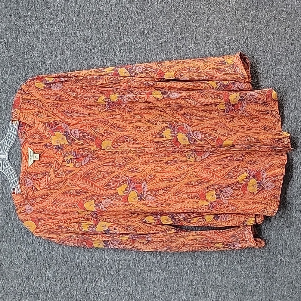 Lucky Brand Womens Orange Floral Blouse Top Scoop Neck Long Sleeve